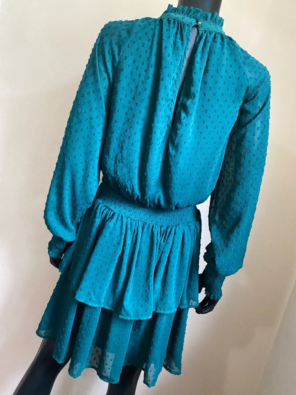 MUD PIE Green Swiss Dot Tiered Long Sleeve Mini Dress - Picture 7 of 14